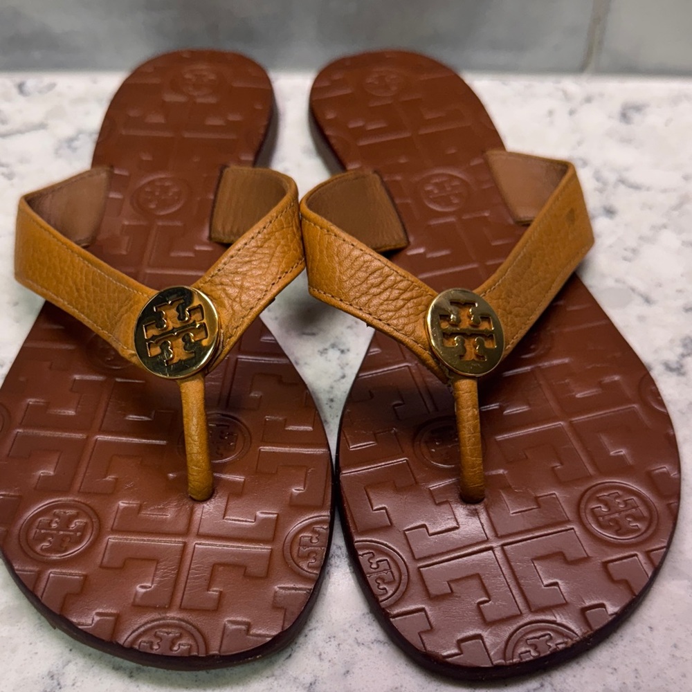 Tory Burch Gold and Brown Thong Sandals